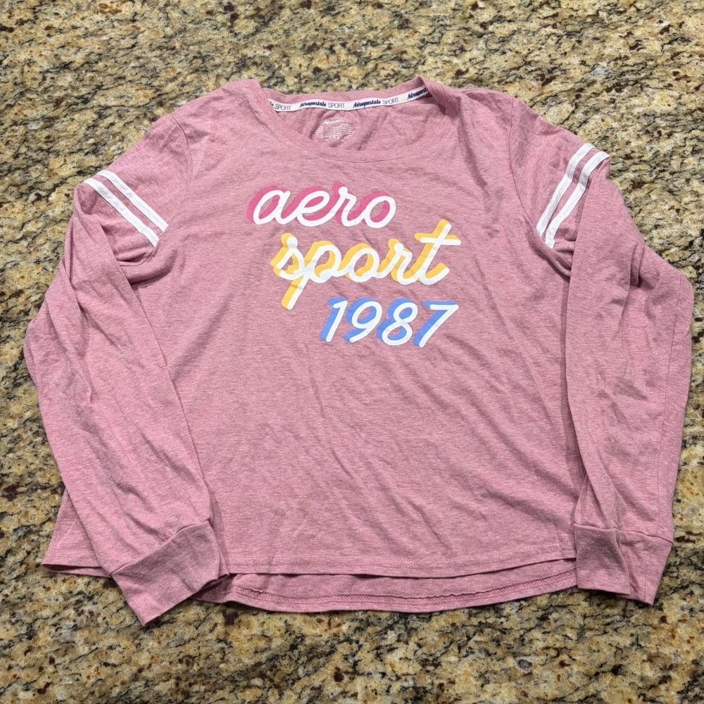 Aeropostale Sport Pink Long Sleeve Graphic Tee Shirt XL Stripe 1987 ws
